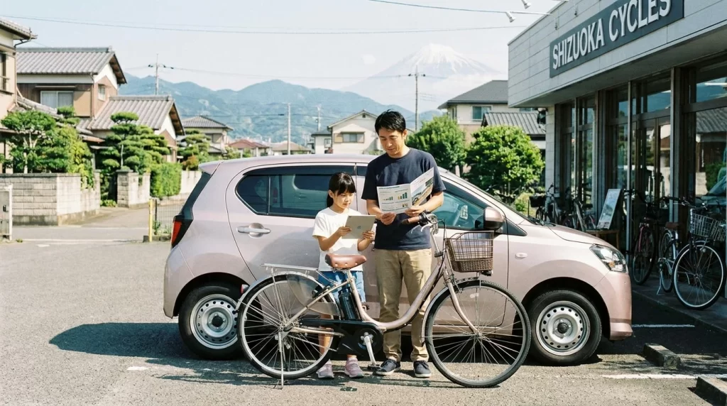 静岡の住宅街にある自転車店の外で、日本人親子が電動アシスト自転車と車のパンフレットを見比べている画像を配置