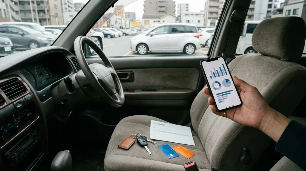 車の助手席に見積書、車のキー、スマートフォンの返済シミュレーション画面を置いた画像を配置
