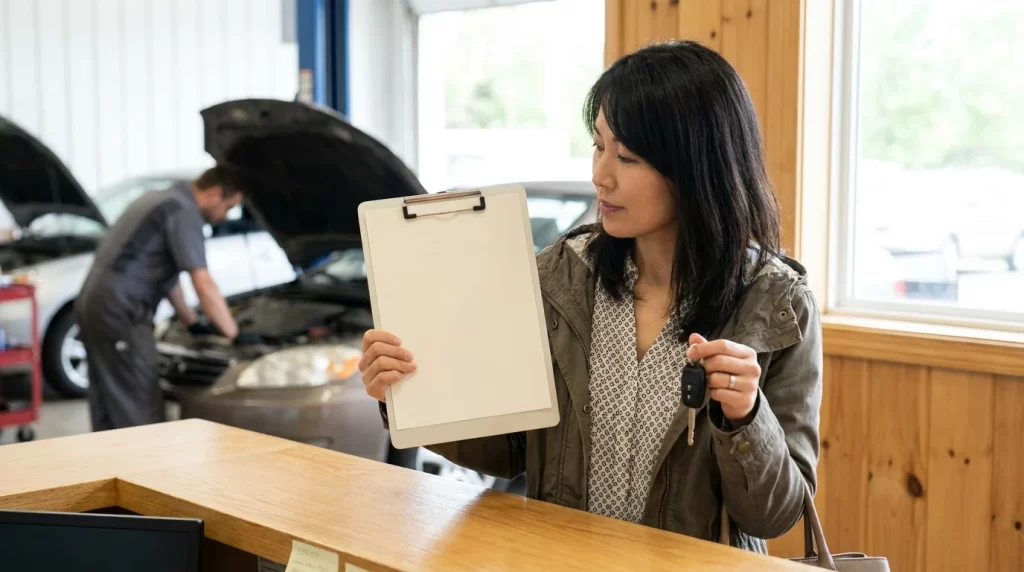 整備工場の受付で、日本人女性が車検見積書風の書類と車のキーを持っている画像を配置
