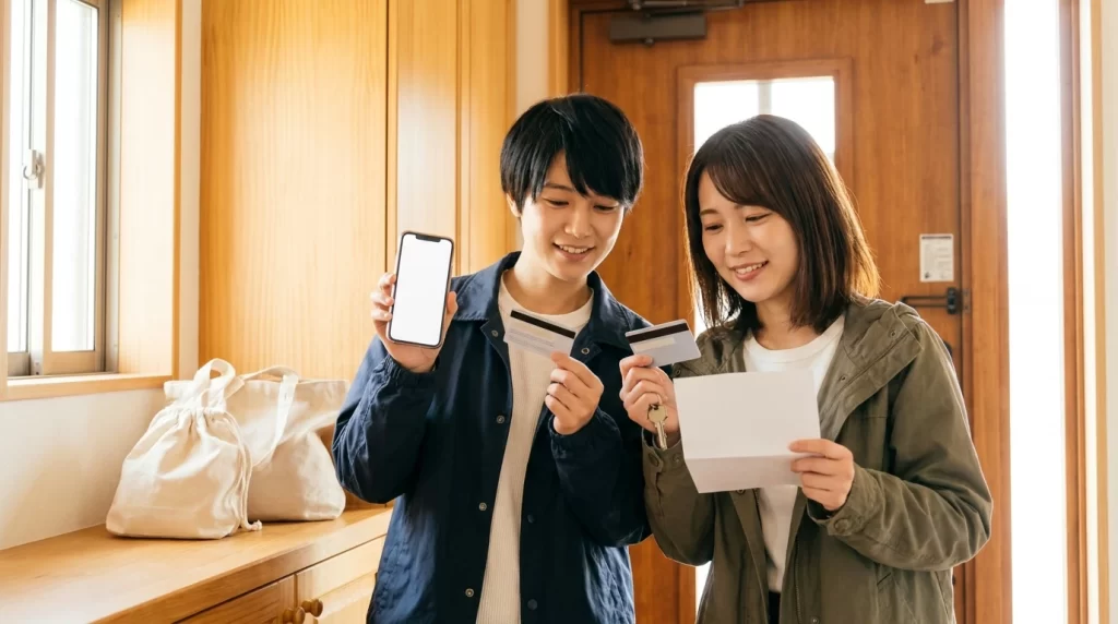 自宅玄関近くで、日本人夫婦がスマートフォン、本人確認カード、見積書、車のキーを確認している画像を配置。