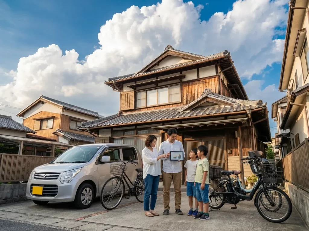 車と自転車を並べて家族で使いみちを相談する日本人家族