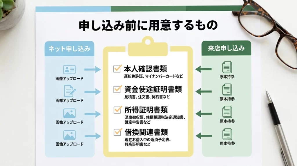 富山第一銀行マイカーローン申込前に準備したい本人確認書類、使いみち書類、所得証明、借換資料のチェックリスト