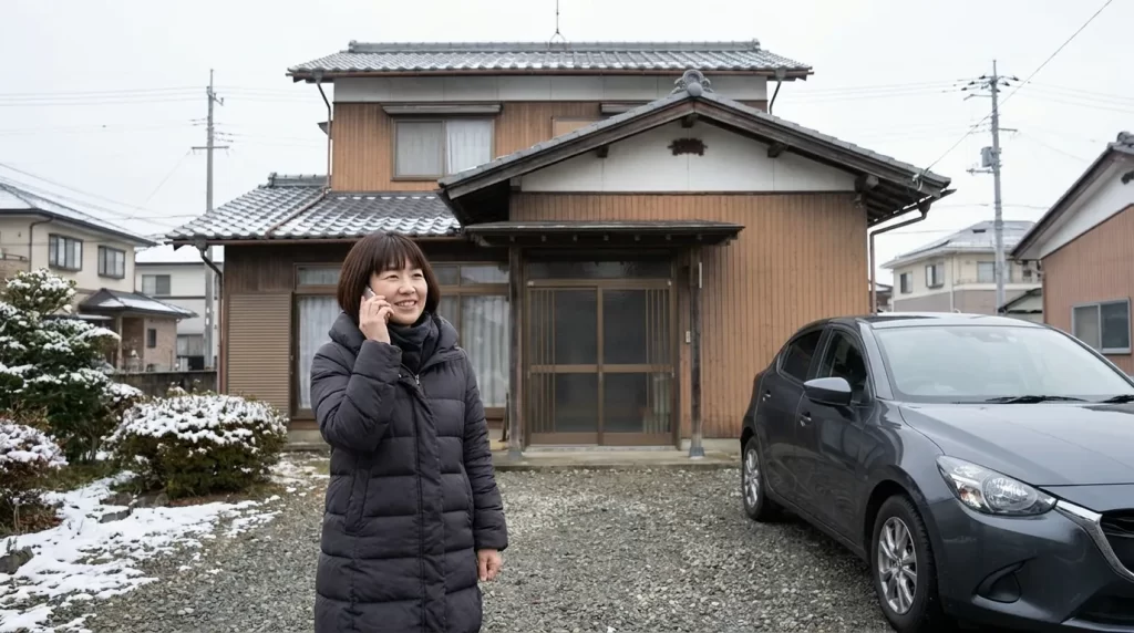 仮審査後の電話連絡と正式手続きを玄関で確認する日本人女性