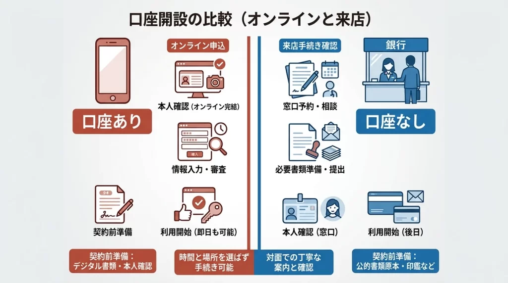 もみじ銀行マイカーローンのウェブ完結型と来店契約の違いを示す図解
