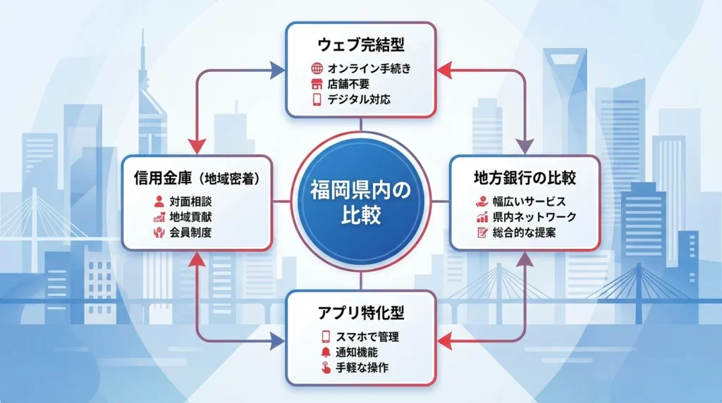 福岡県内のマイカーローンを申込方法と借換え条件で比較する図解