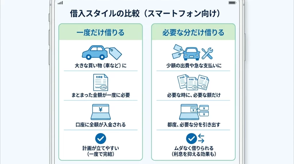 一括で借りる場合と限度額内で繰り返し使う場合の違いを整理した図解