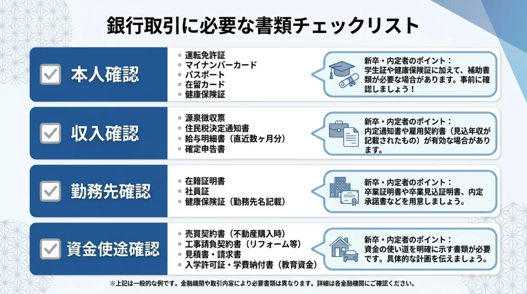 本人確認書類、所得確認書類、使いみち確認書類、内定確認書類を整理した図解
