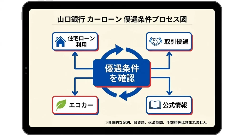 山口銀行マイカーローンの住宅ローン利用、取引優遇、エコカー優遇の確認軸をまとめた図解